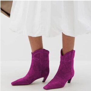FSJ Fuchsia Suede Square Toe Comfort Kitten Low Heel Ankle Boot Pull On Bootie